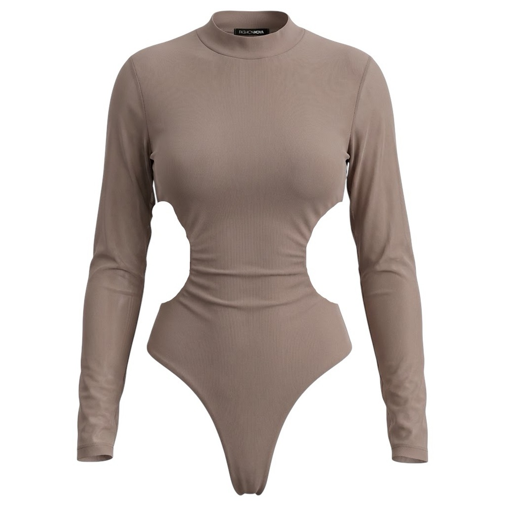 Fashion Nova Mock Neck, Long Sleeve, Cutout Bodysuit - Beige